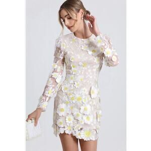 Avec Les Filles Women’s White Floral Embroidered Mini Dress 4 Sheer Long Sleeve